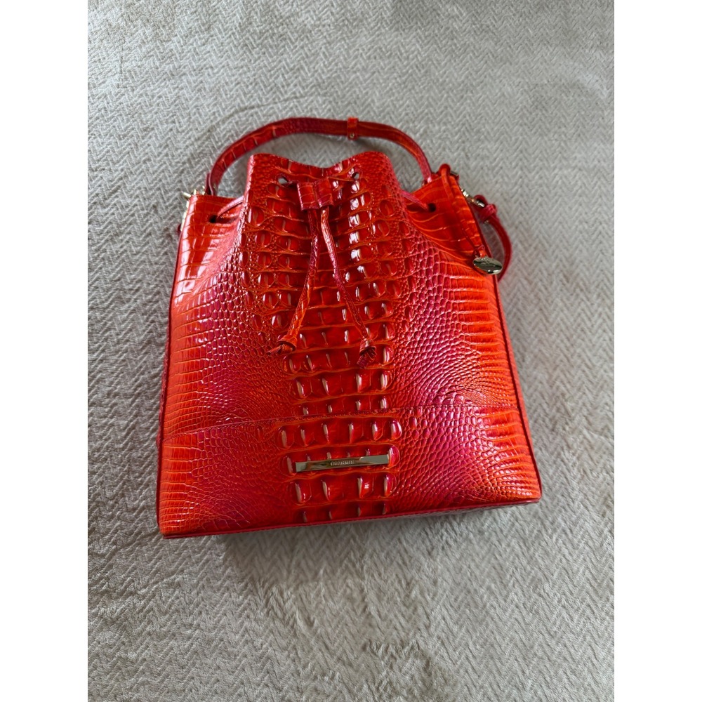 Brahmin Marlowe Flame Melbourne Bucket Bag Crossbody Bright Orange Red - Picture 2 of 16